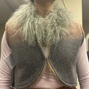 Cropped Boiled Wool Reversible Vest with Mongolian Lamb Fur Collar — Tan & Grey